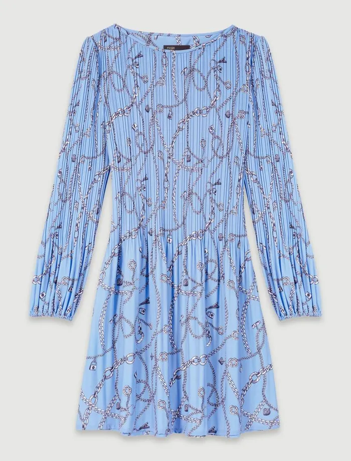 Maje Dresses Womens Patterned Pleated Dress Blue Chains Print