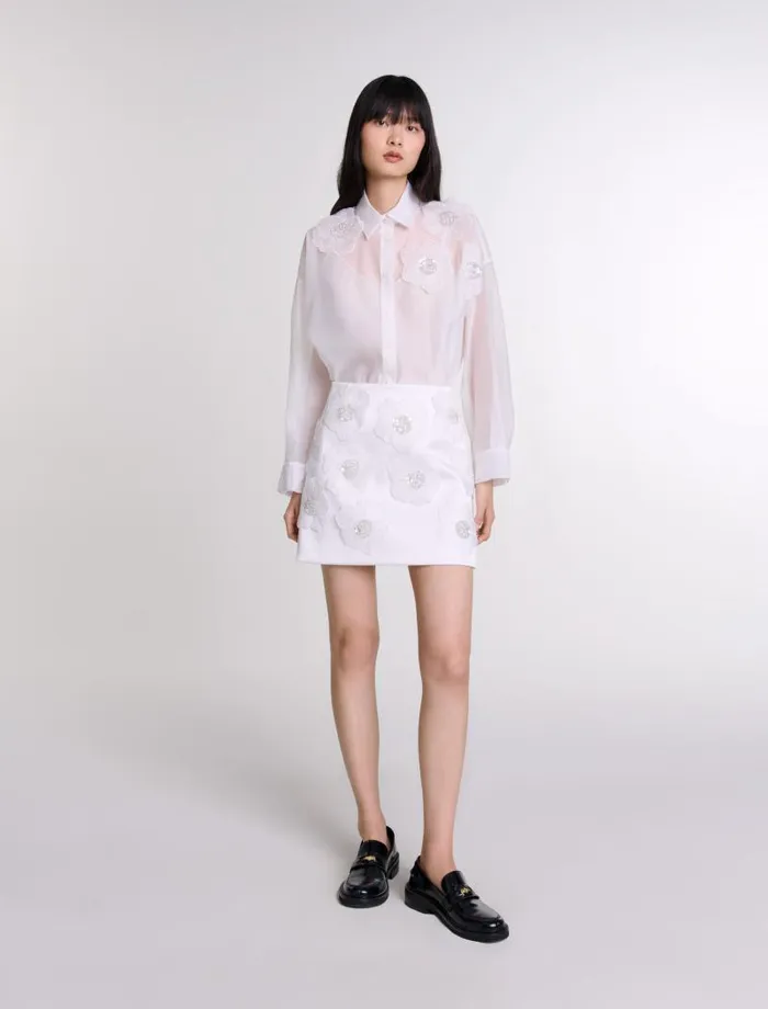 Maje Skirts and Shorts Womens Beaded Satin Floral Skirt White