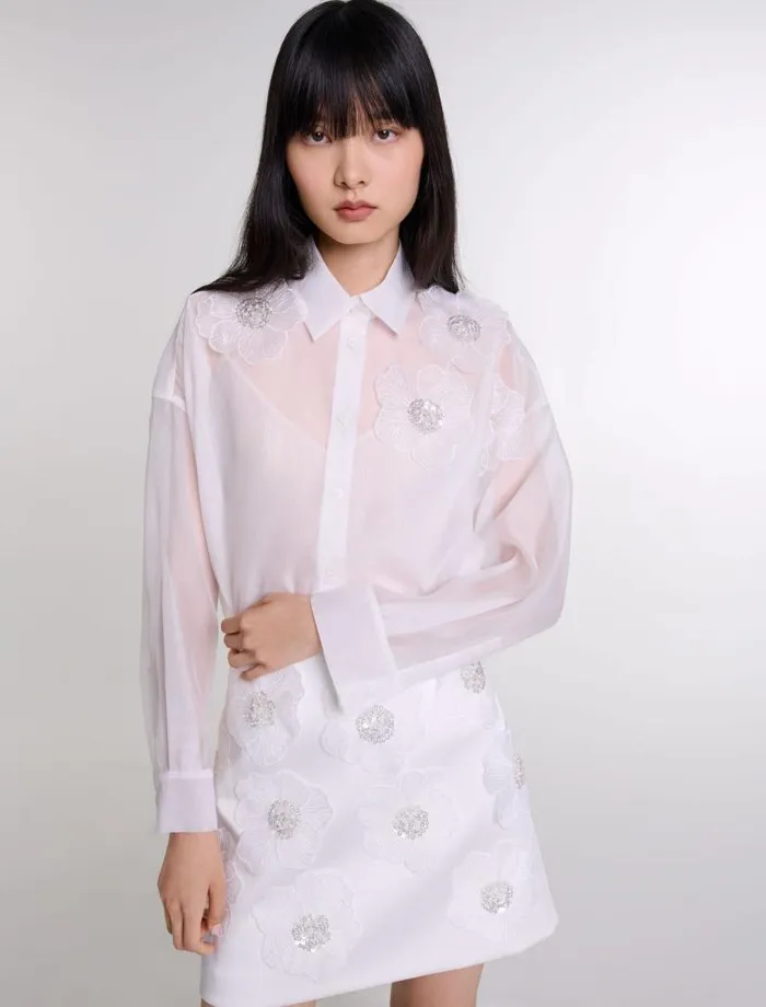 Maje Skirts and Shorts Womens Beaded Satin Floral Skirt White