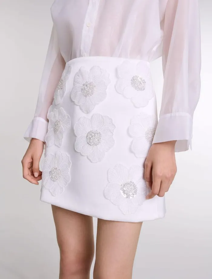 Maje Skirts and Shorts Womens Beaded Satin Floral Skirt White