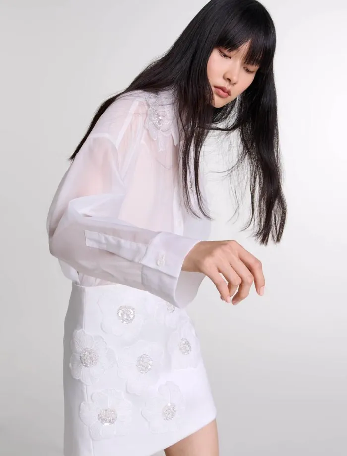 Maje Skirts and Shorts Womens Beaded Satin Floral Skirt White