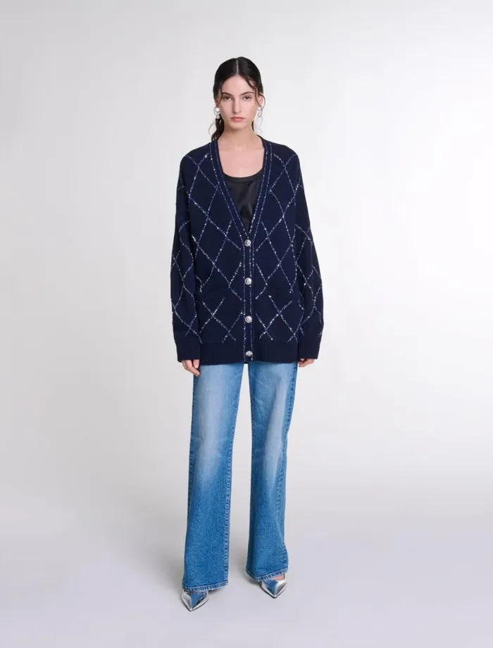 Maje Sweaters and Cardigans Womens Longline Wool Cardigan Navy