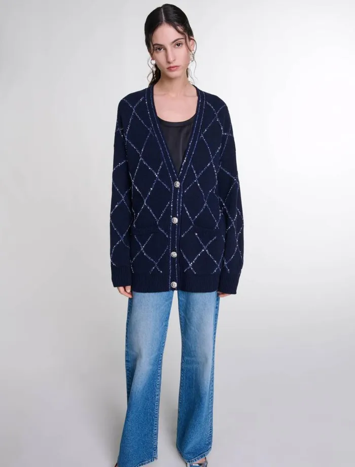 Maje Sweaters and Cardigans Womens Longline Wool Cardigan Navy
