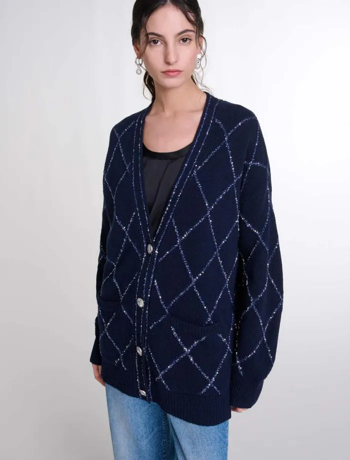 Maje Sweaters and Cardigans Womens Longline Wool Cardigan Navy