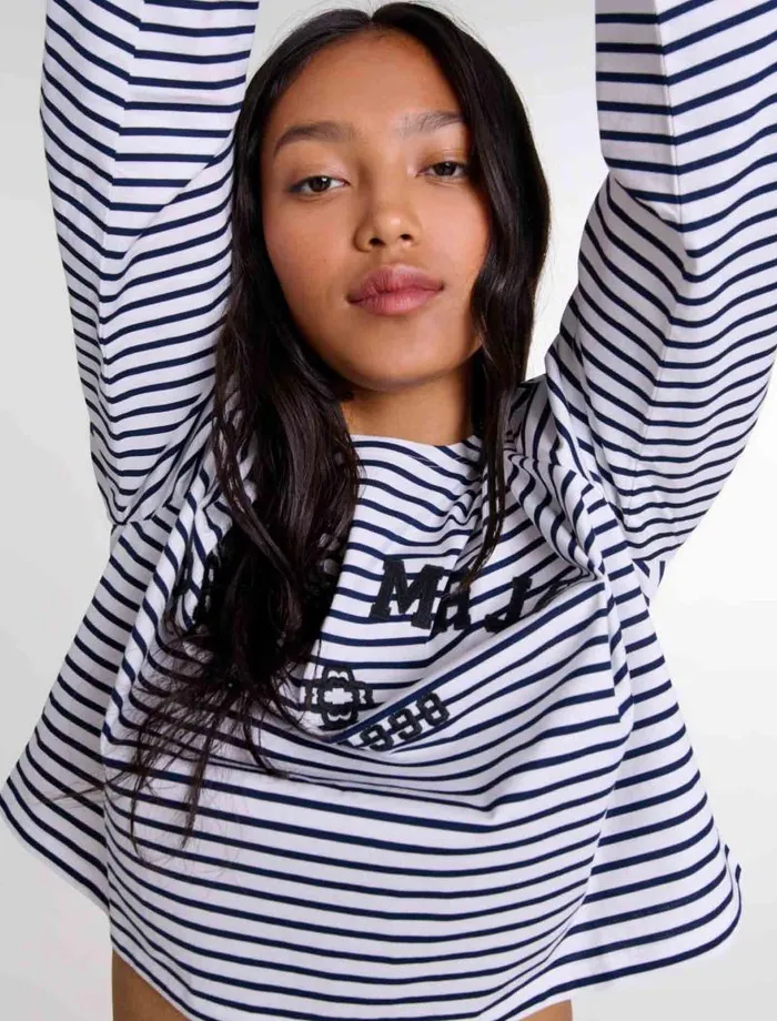 Maje Tops and Shirts Womens Cropped Shortsleeves Tshirt Navy Ecru