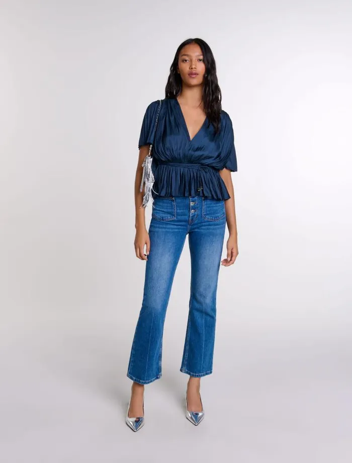 Maje Tops and Shirts Womens Pleated Shortsleeved Top Navy