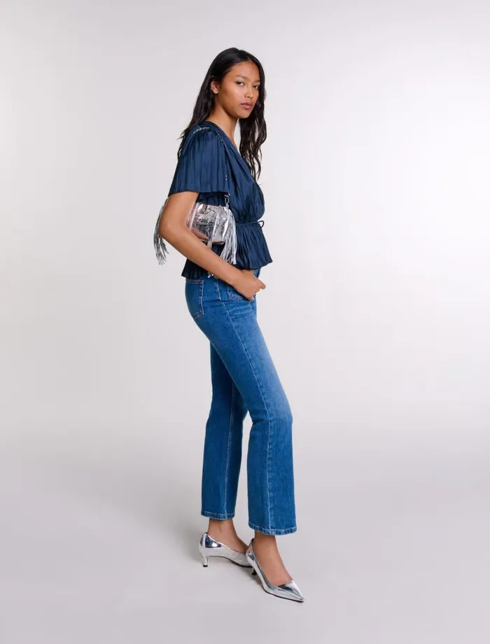 Maje Tops and Shirts Womens Pleated Shortsleeved Top Navy