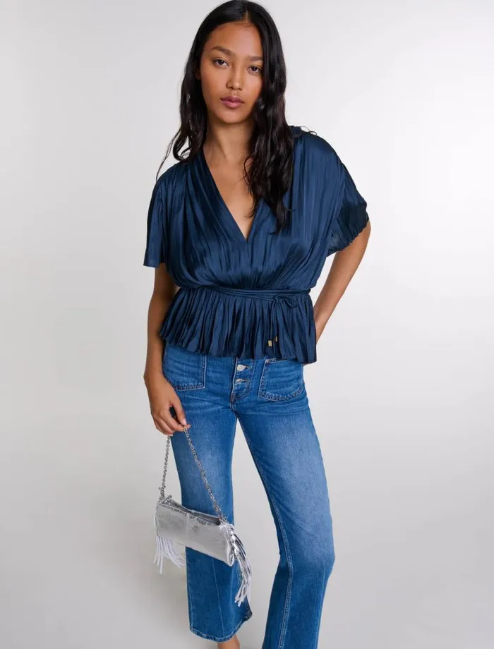 Maje Tops and Shirts Womens Pleated Shortsleeved Top Navy