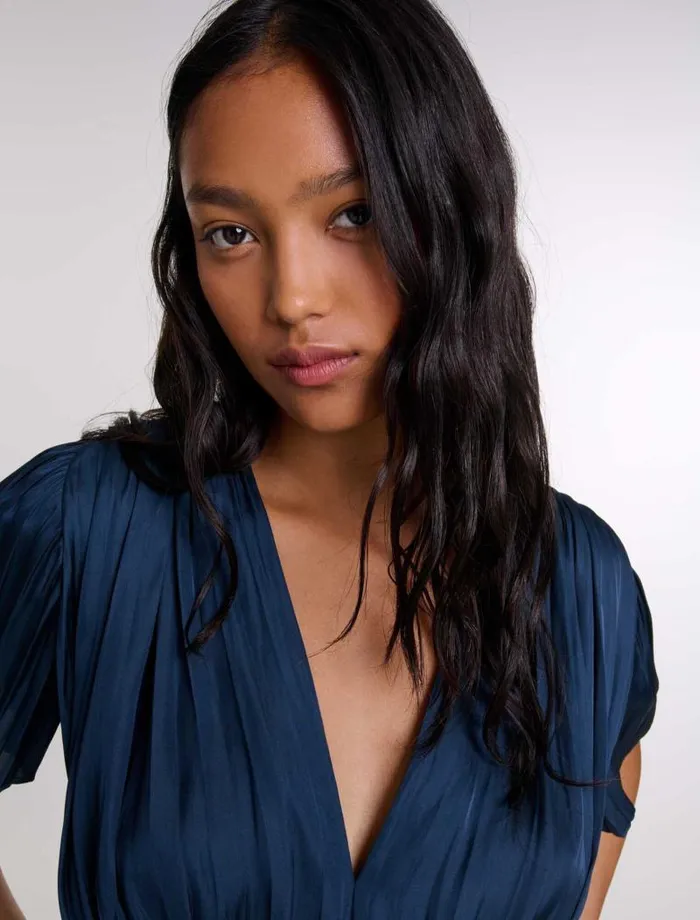 Maje Tops and Shirts Womens Pleated Shortsleeved Top Navy