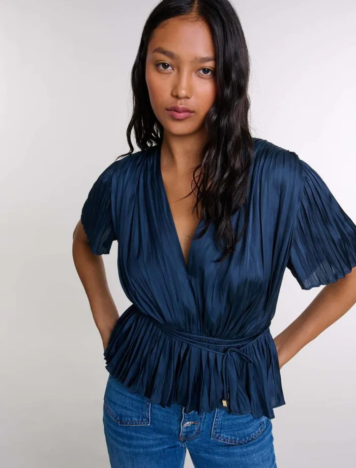 Maje Tops and Shirts Womens Pleated Shortsleeved Top Navy
