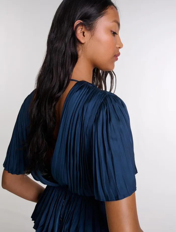 Maje Tops and Shirts Womens Pleated Shortsleeved Top Navy