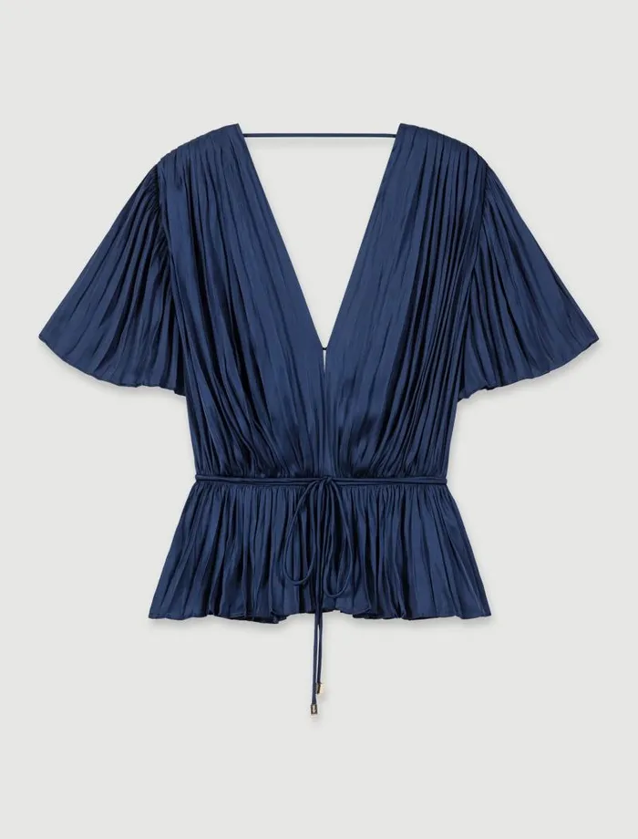 Maje Tops and Shirts Womens Pleated Shortsleeved Top Navy