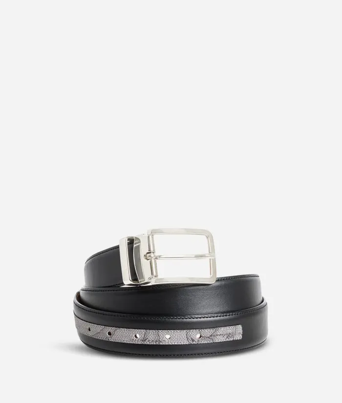 Man Belts Alviero Martini Dark Mood Leather Belt Trimmed In Geo Dark Fabric