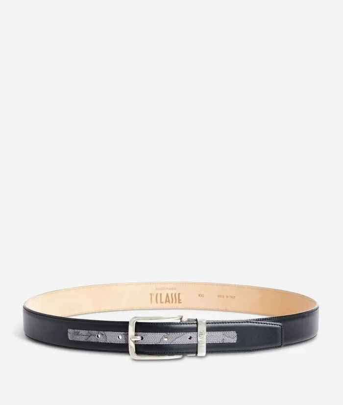 Man Belts Alviero Martini Dark Mood Leather Belt Trimmed In Geo Dark Fabric