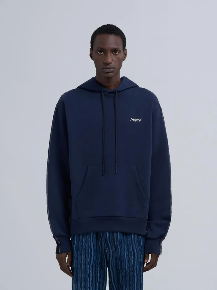 Marni Bio Cotton Hoodie With Maxi Pocket Blublack Mens Sweatshirts and Tshirts Marni Bio Cotton Hoodie With Maxi Pocket Blublack Mens Sweatshirts and Tshirts