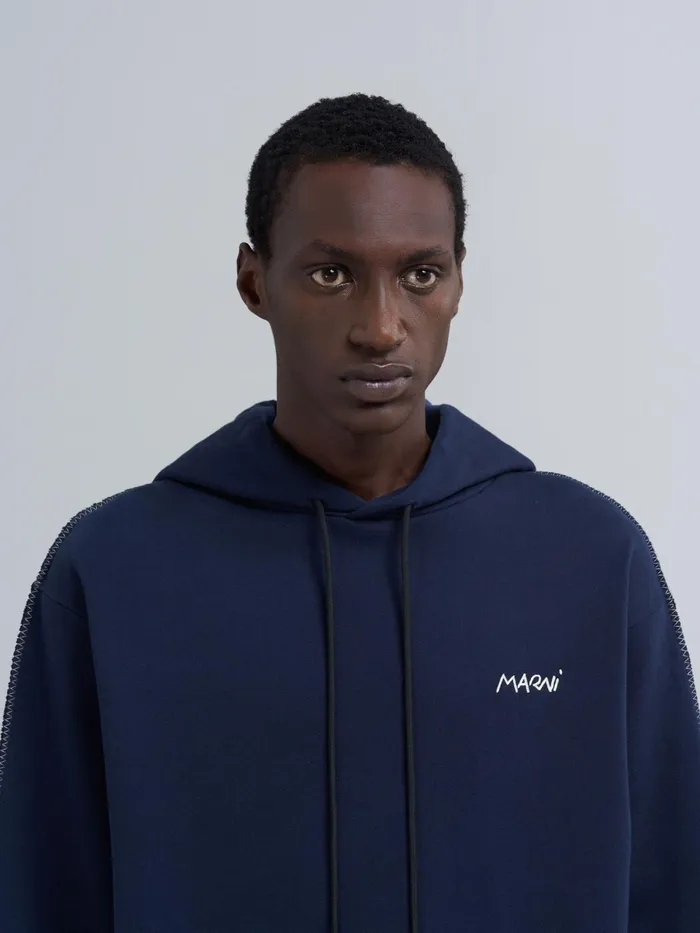 Marni Bio Cotton Hoodie With Maxi Pocket Blublack Mens Sweatshirts and Tshirts Marni Bio Cotton Hoodie With Maxi Pocket Blublack Mens Sweatshirts and Tshirts