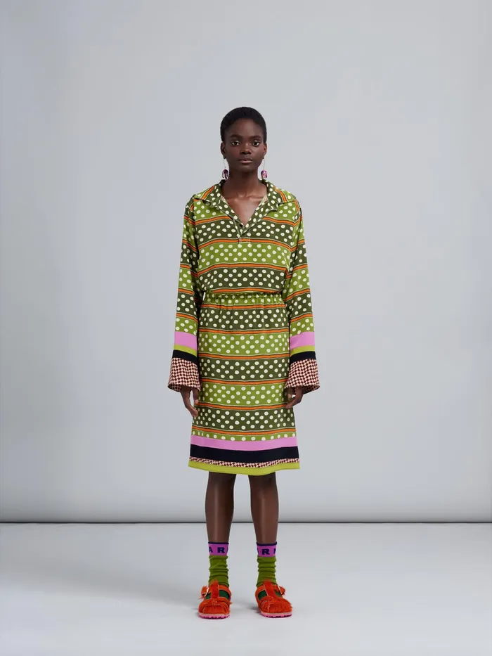 Marni Dot and Stripe Print Silk Skirt Dusty Olive Womens Skirts Marni Dot and Stripe Print Silk Skirt Dusty Olive Womens Skirts