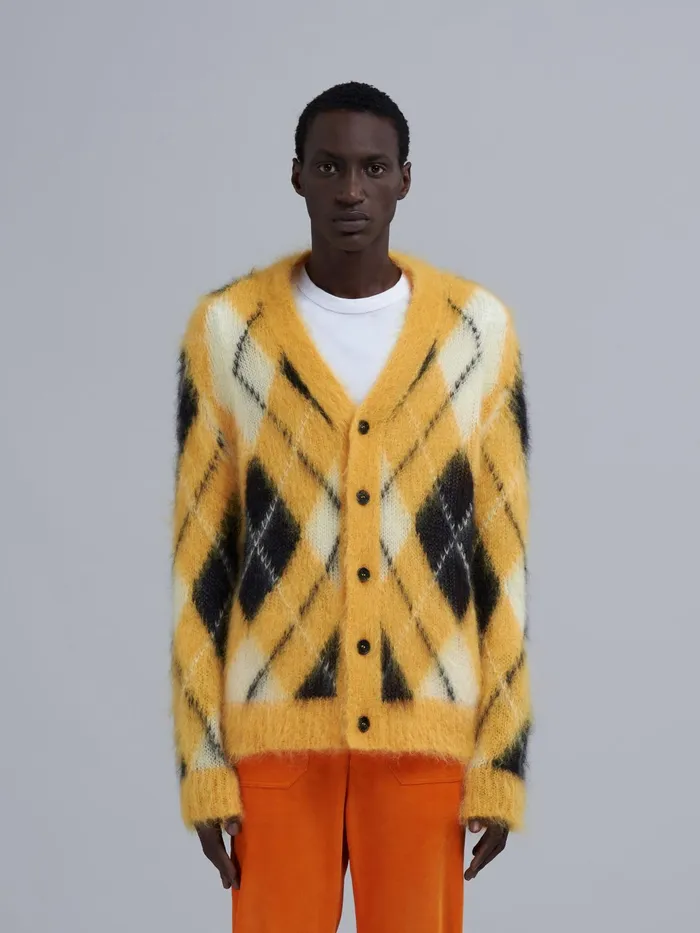 Marni Iconic Mohair Argyle Cardigan Maize Mens Knitwear Marni Iconic Mohair Argyle Cardigan Maize Mens Knitwear