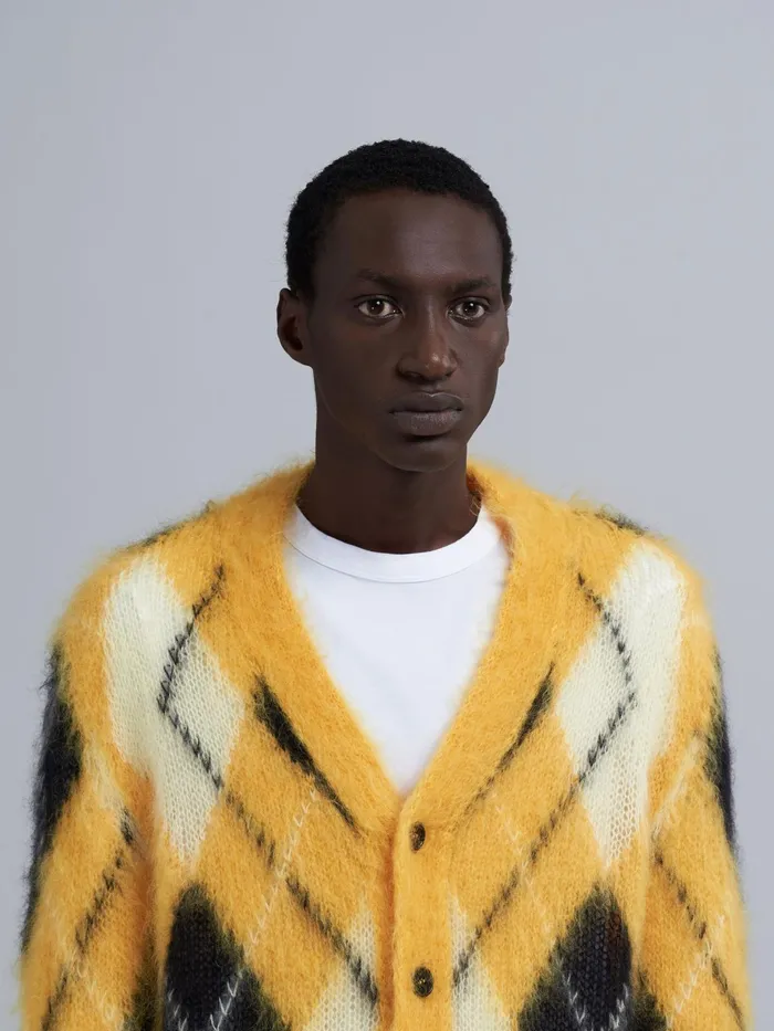 Marni Iconic Mohair Argyle Cardigan Maize Mens Knitwear Marni Iconic Mohair Argyle Cardigan Maize Mens Knitwear