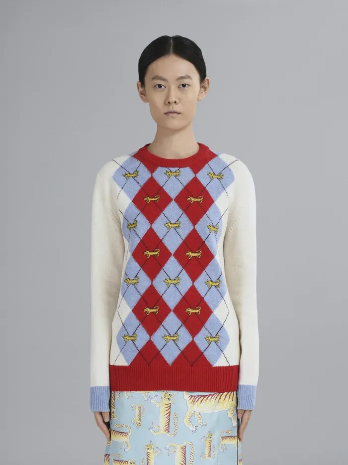 Marni Shetland Sweater With Naif Tiger Argyle Motif Lily White Womens Knitwear Marni Shetland Sweater With Naif Tiger Argyle Motif Lily White Womens Knitwear