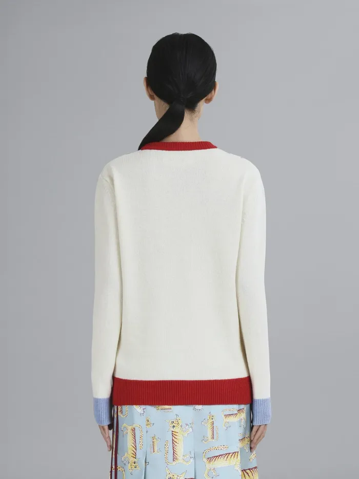 Marni Shetland Sweater With Naif Tiger Argyle Motif Lily White Womens Knitwear Marni Shetland Sweater With Naif Tiger Argyle Motif Lily White Womens Knitwear