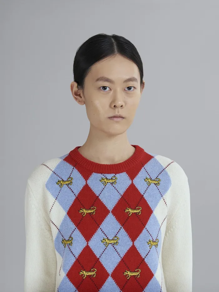 Marni Shetland Sweater With Naif Tiger Argyle Motif Lily White Womens Knitwear Marni Shetland Sweater With Naif Tiger Argyle Motif Lily White Womens Knitwear