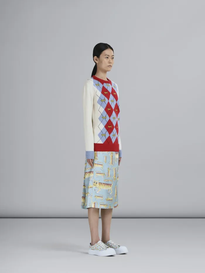 Marni Shetland Sweater With Naif Tiger Argyle Motif Lily White Womens Knitwear Marni Shetland Sweater With Naif Tiger Argyle Motif Lily White Womens Knitwear