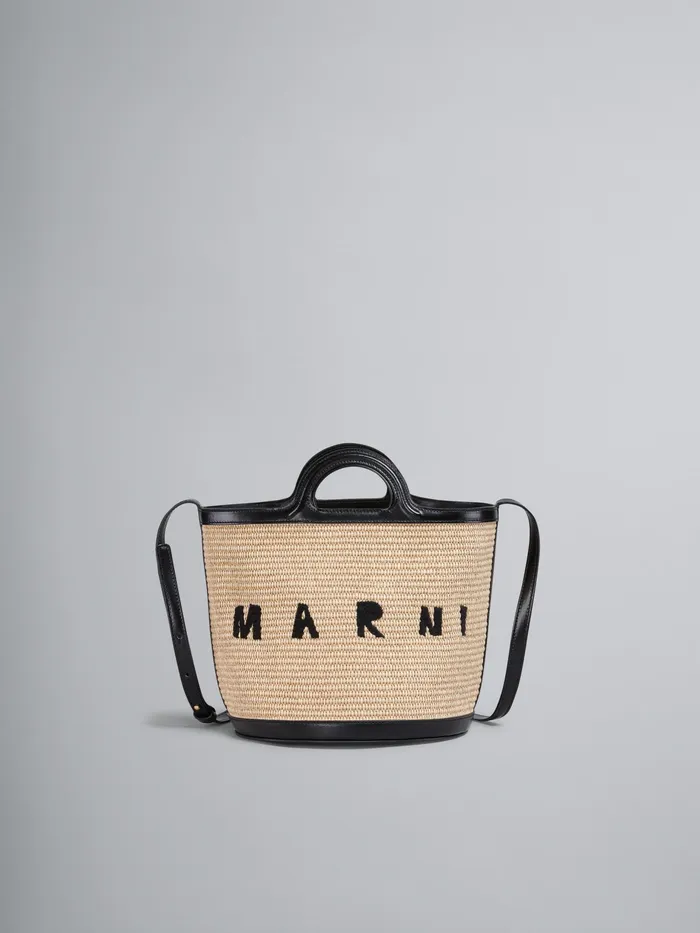 Marni Tropicalia Small Bucket Bagin Black Leather And Raffia Sand Storm Womens Crossbody Bags
