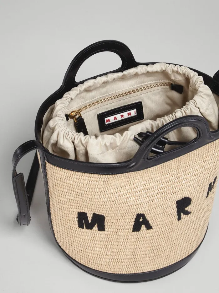 Marni Tropicalia Small Bucket Bagin Black Leather And Raffia Sand Storm Womens Crossbody Bags Marni Tropicalia Small Bucket Bagin Black Leather And Raffia Sand Storm Womens Crossbody Bags