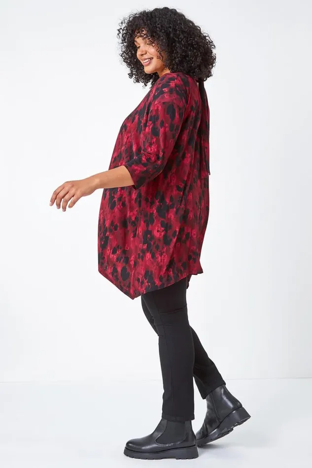 Maroon Curve Tie Back Tunic Stretch Top Women Roman Tops