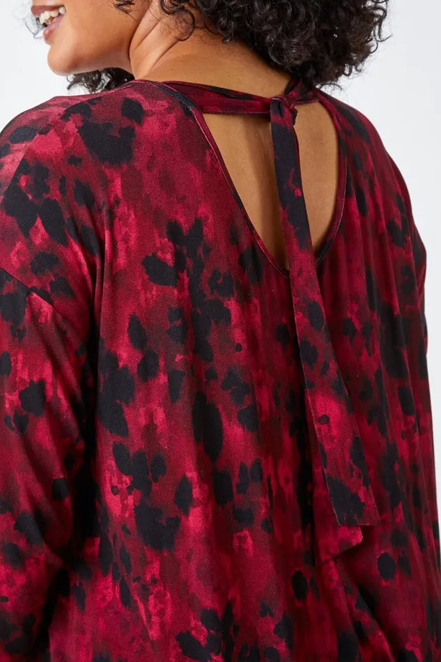 Maroon Curve Tie Back Tunic Stretch Top Women Roman Tops