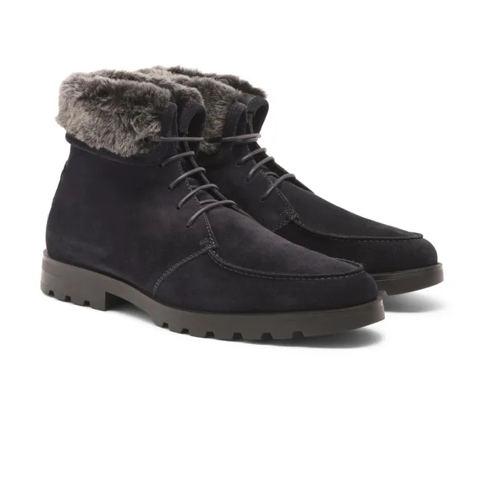 Men Blue Suede LaceUp Boot With Fur Santoni Boots