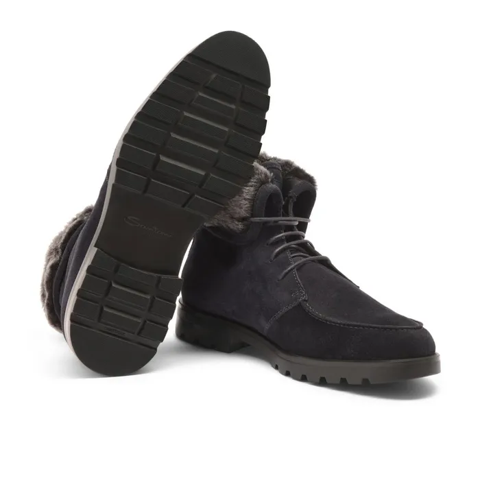 Men Blue Suede LaceUp Boot With Fur Santoni Boots