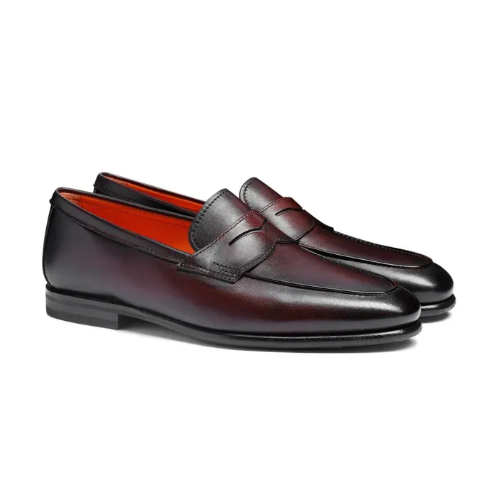 Men Burgundy Leather Carlo Loafer Santoni Loafers