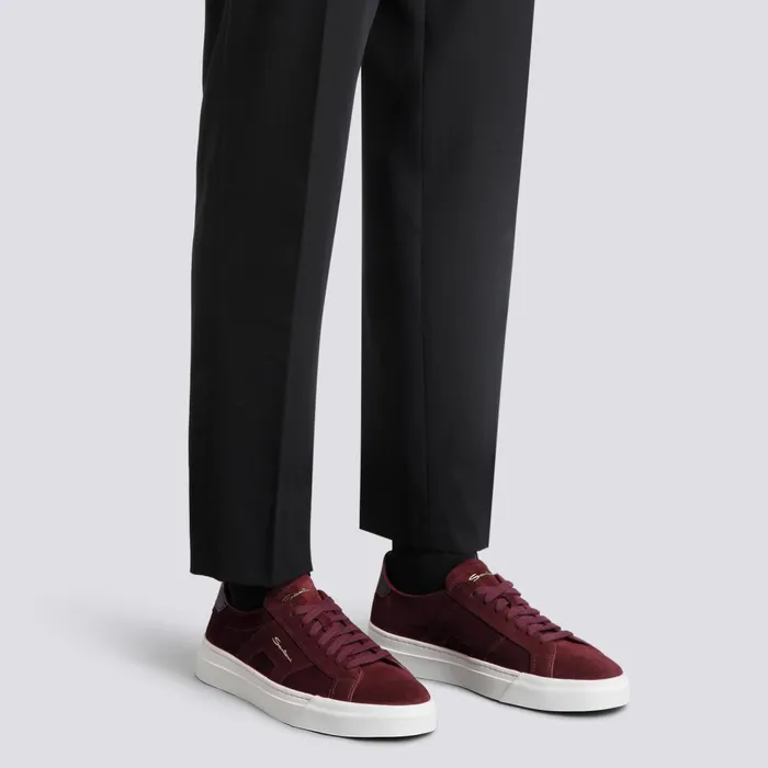 Men Burgundy Suede Double Buckle Sneaker Santoni Sneakers