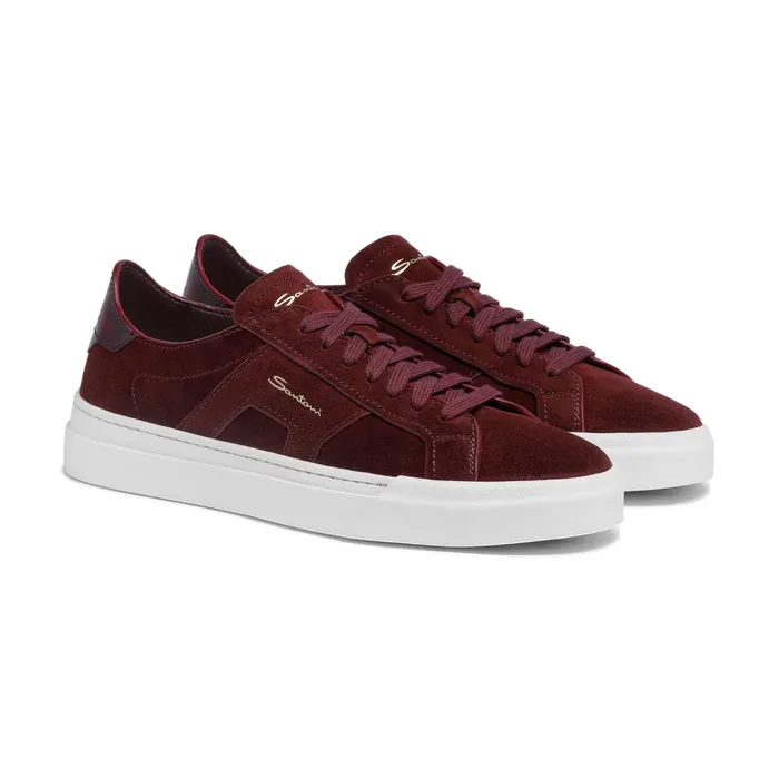 Men Burgundy Suede Double Buckle Sneaker Santoni Sneakers