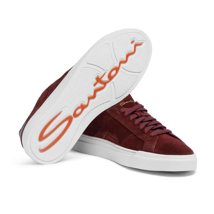 Men Burgundy Suede Double Buckle Sneaker Santoni Sneakers