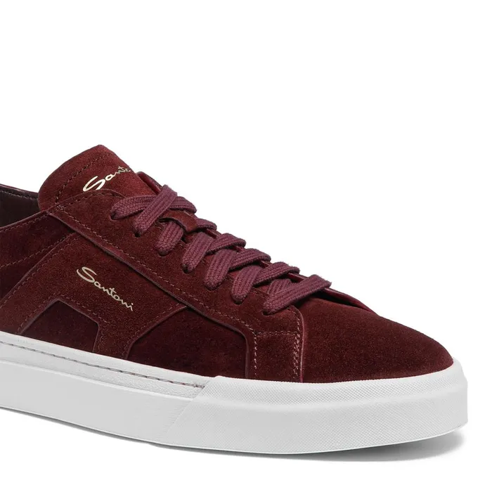 Men Burgundy Suede Double Buckle Sneaker Santoni Sneakers