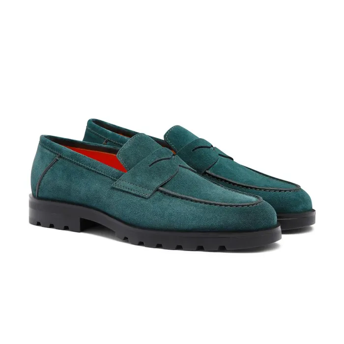 Men Dark Green Suede Penny Loafer Santoni Loafers