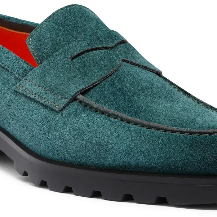 Men Dark Green Suede Penny Loafer Santoni Loafers
