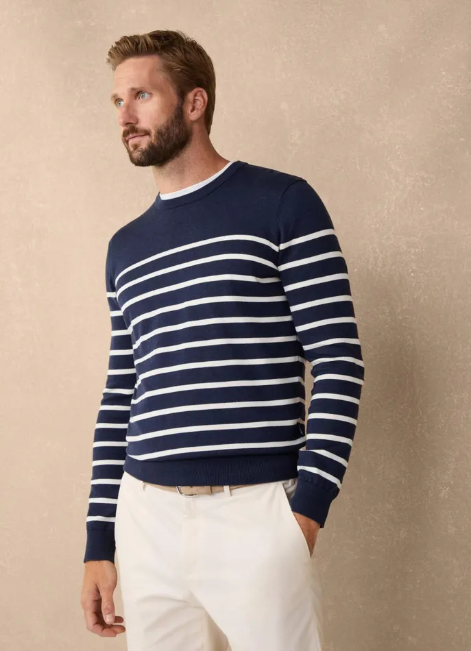 Men Knitwear Faonnable Striped Crew Neck Jumper Marine Blue