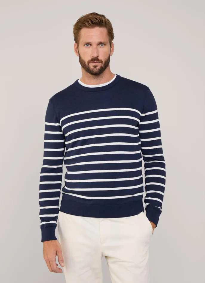 Men Knitwear Faonnable Striped Crew Neck Jumper Marine Blue