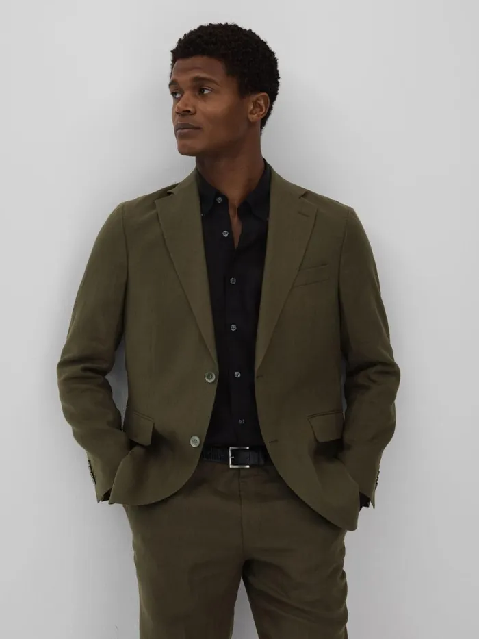 Men Reiss Blazers Jacobson Linen Double Breasted Blazer Green