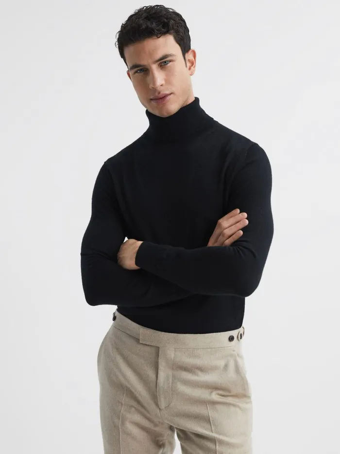 Men Reiss Knitwear Caine Slim Fit Merino Wool Roll Neck Jumper Black