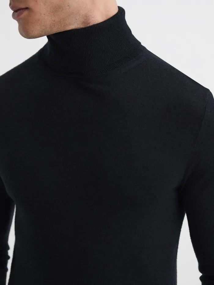 Men Reiss Knitwear Caine Slim Fit Merino Wool Roll Neck Jumper Black