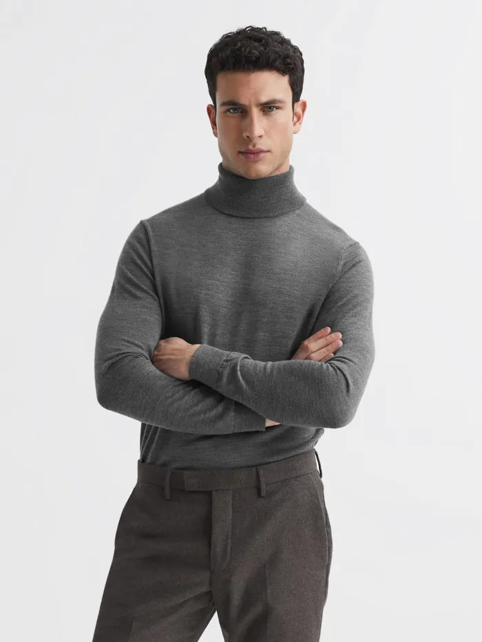 Men Reiss Knitwear Caine Slim Fit Merino Wool Roll Neck Jumper Derby Grey Marl