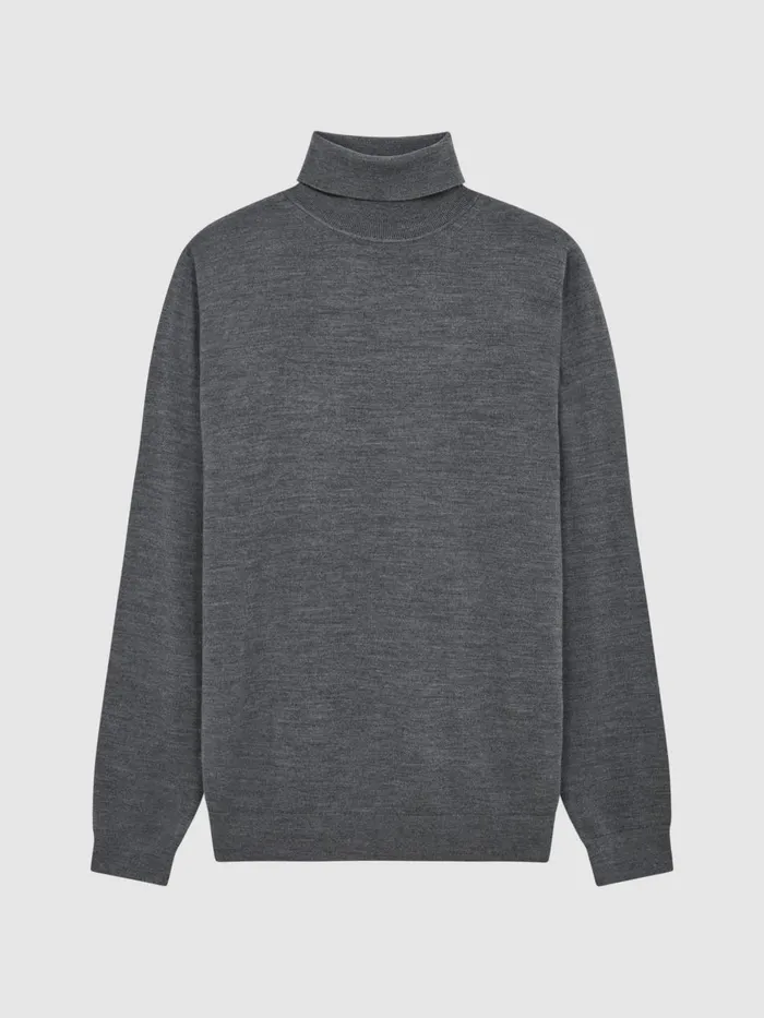 Men Reiss Knitwear Caine Slim Fit Merino Wool Roll Neck Jumper Derby Grey Marl