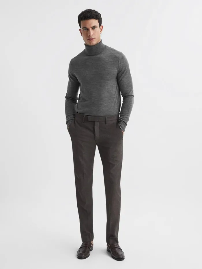 Men Reiss Knitwear Caine Slim Fit Merino Wool Roll Neck Jumper Derby Grey Marl
