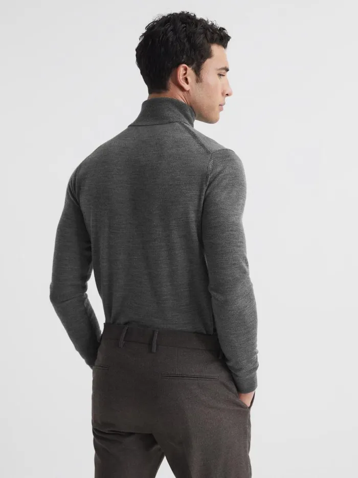 Men Reiss Knitwear Caine Slim Fit Merino Wool Roll Neck Jumper Derby Grey Marl