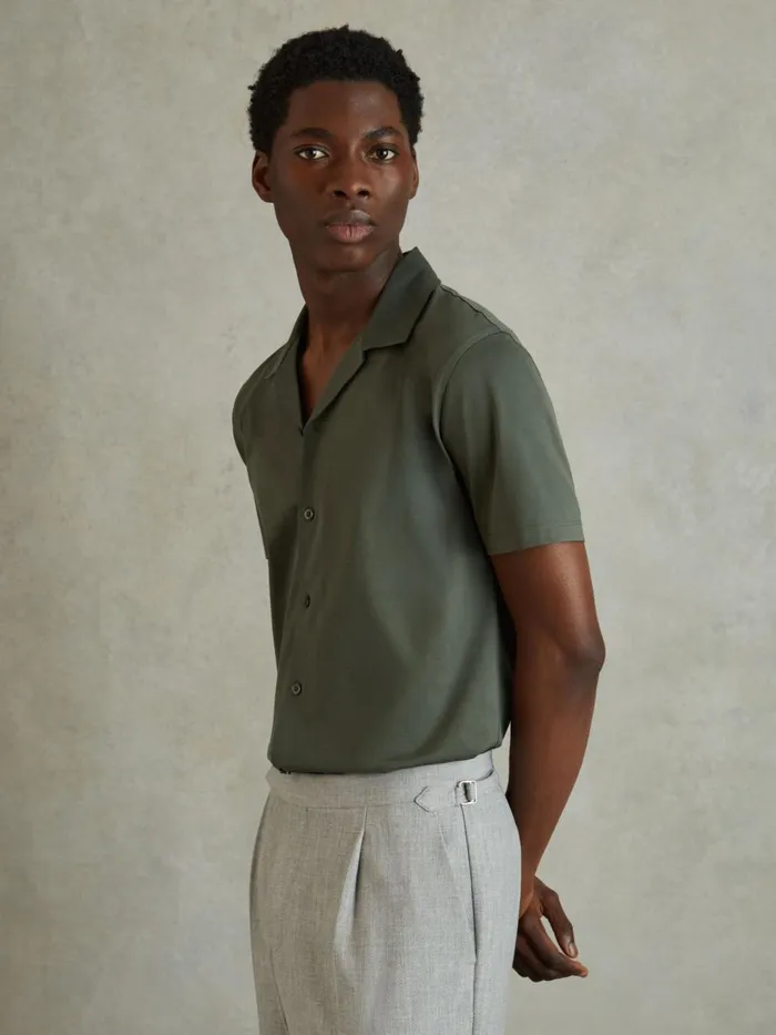 Men Reiss Knitwear Caspa Mercerised Jersey Cuban Collar Shirt Hunting Green